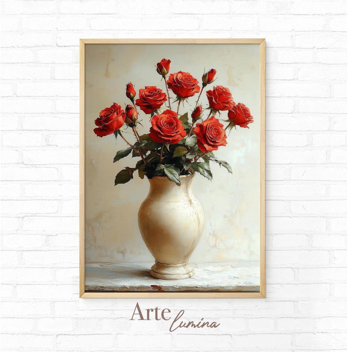 Lush Red Roses in a White Ceramic Vase Classic Floral Poster