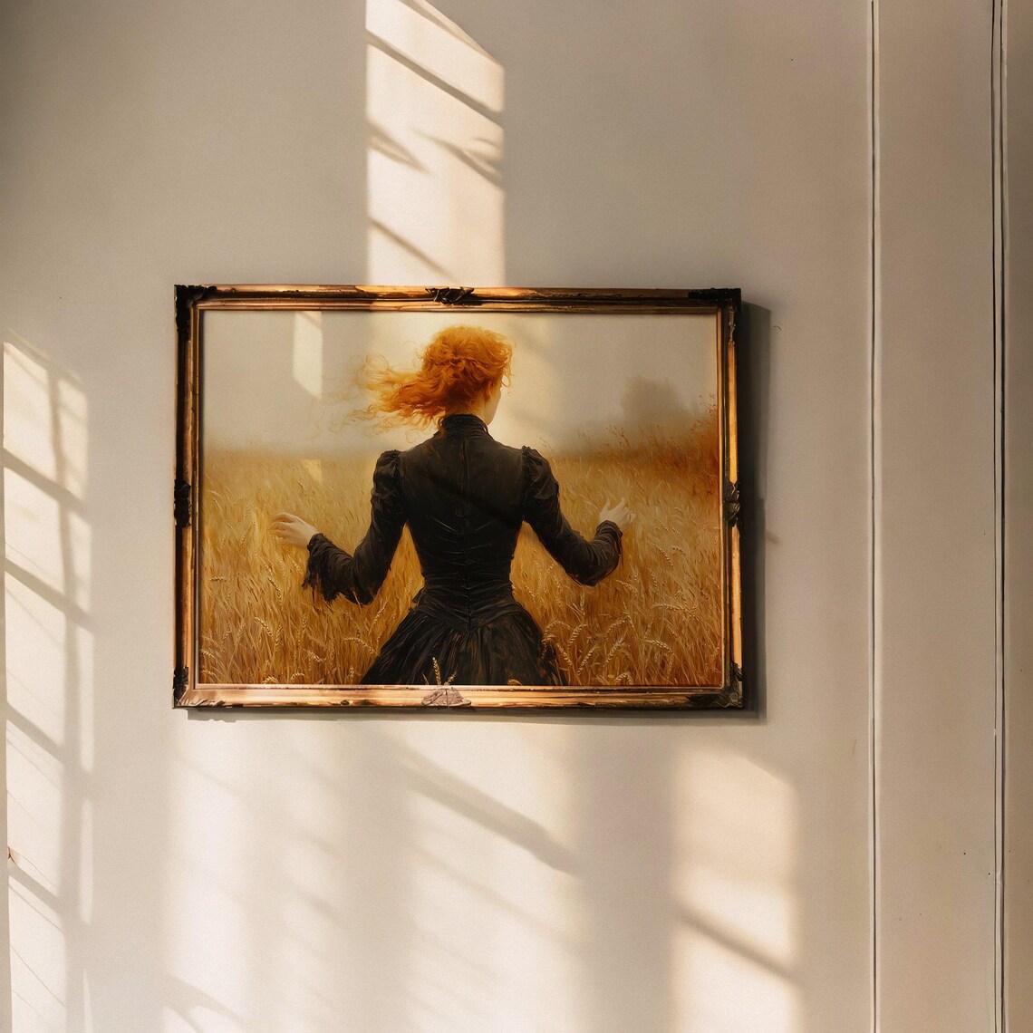 Auburn Haired Woman In Black Gown Facing Golden Wheat Field Dusk Poster - Image 6