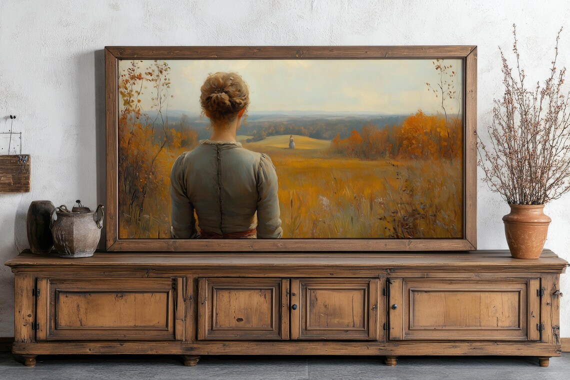 Woman Gazing Over Golden Autumn Field With Distant Figure Poster - Image 6