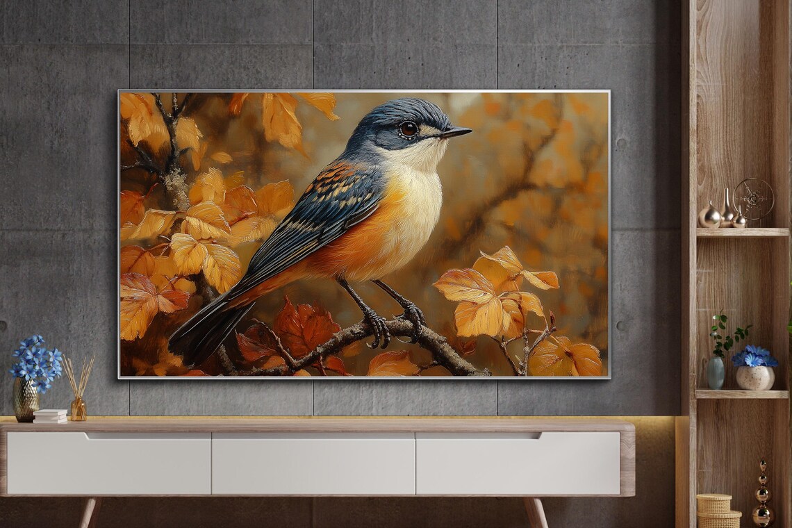 Blue And Orange Songbird On Autumn Branch Among Golden Leaves Poster - Image 5