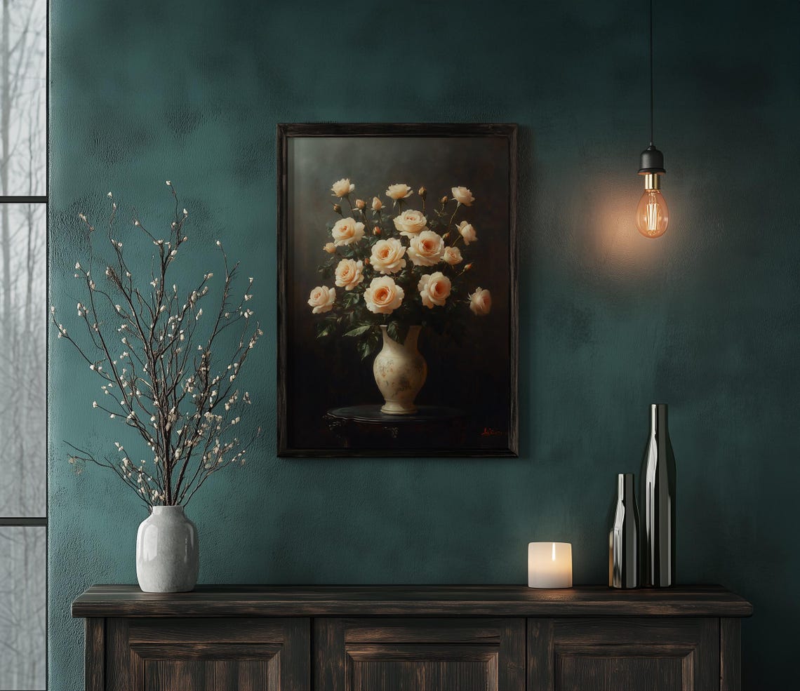 Blush Roses Bouquet in an Ornate Dark Frame Floral Art Poster - Image 3