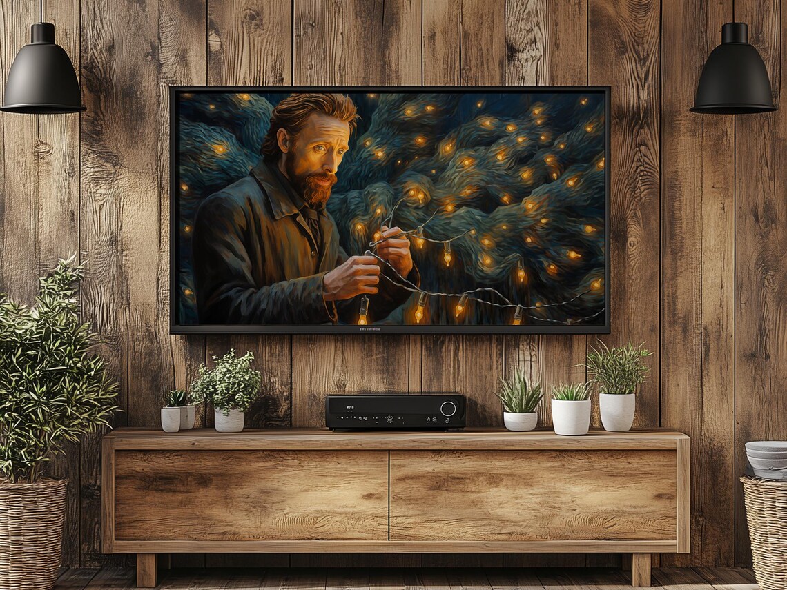 Father Hanging Christmas Lights on the Tree Holiday Art Poster - Image 4