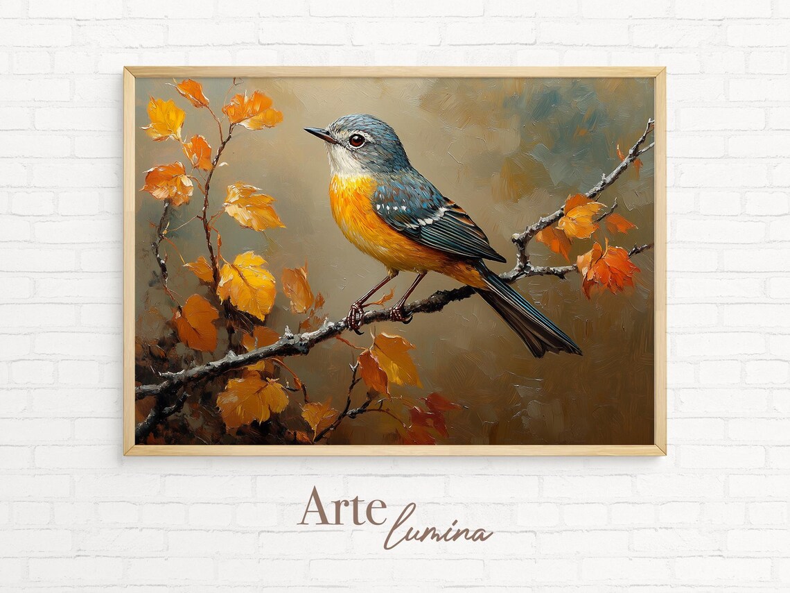 Vivid Blue and Orange Songbird on Golden Autumn Branch Poster