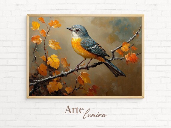 Vivid Blue and Orange Songbird on Golden Autumn Branch Poster
