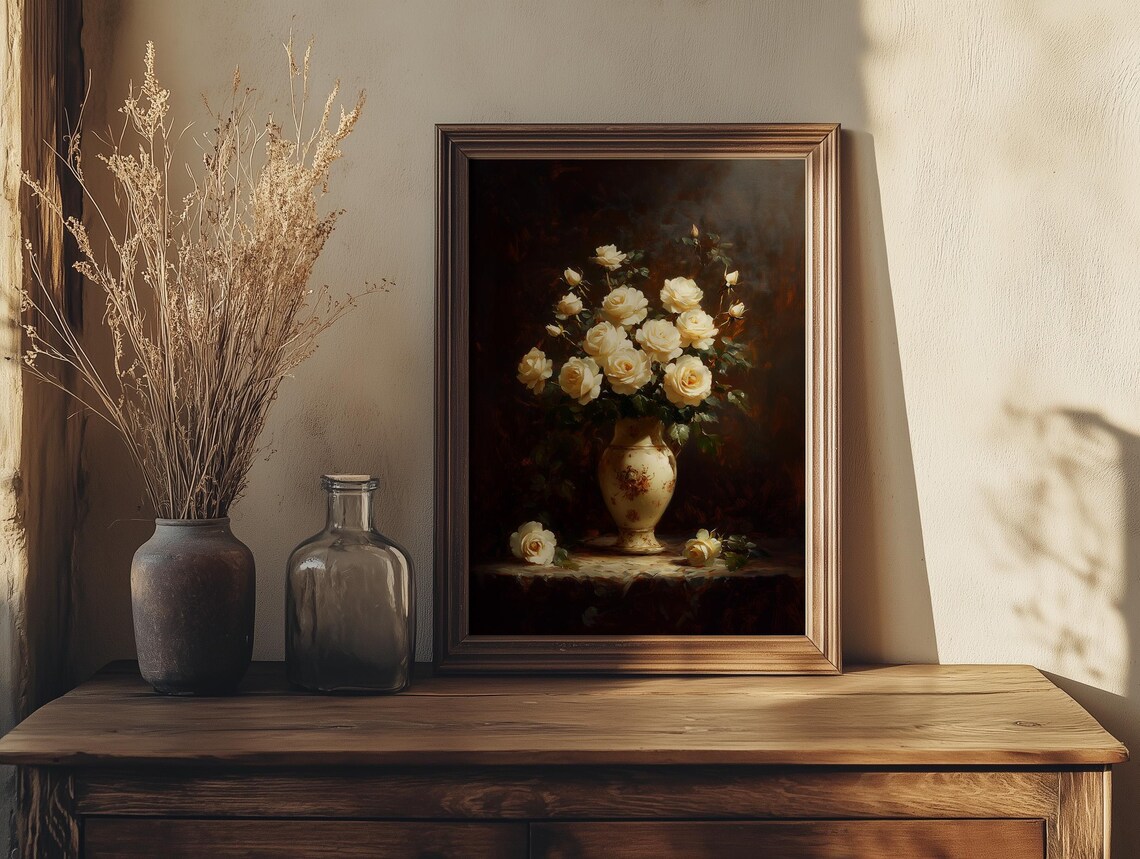 White Roses In Vintage Porcelain Vase Moody Floral Oil Painting Poster - Image 6