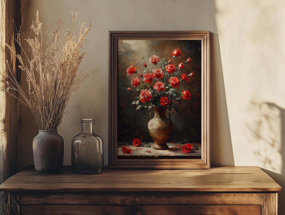Moody Scarlet Red Roses in an Antique Gold Vase Still Life Poster - Image 7