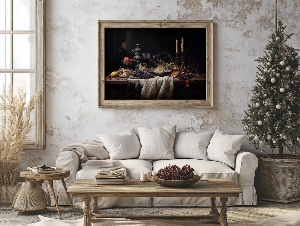 Moody Still Life With Grapes Candles And Bread Vintage Dark Oil Poster - Image 5