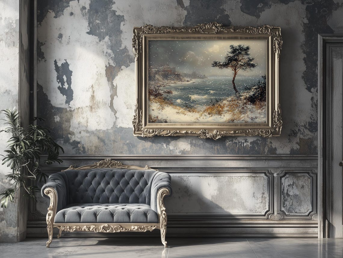 Snowy Seaside Pine Tree Winter Seascape Vintage Style Poster - Image 3