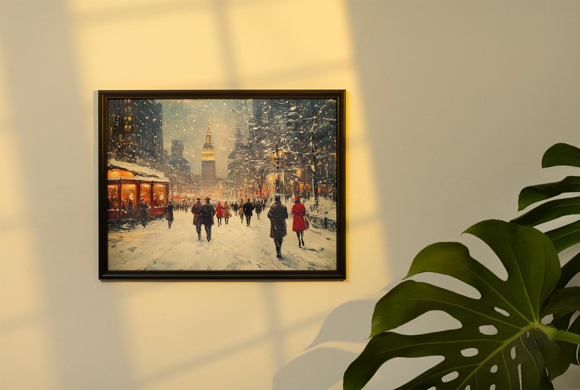 Snowy Vintage City Street With Glowing Tower Trolley And Crowds Poster - Image 2
