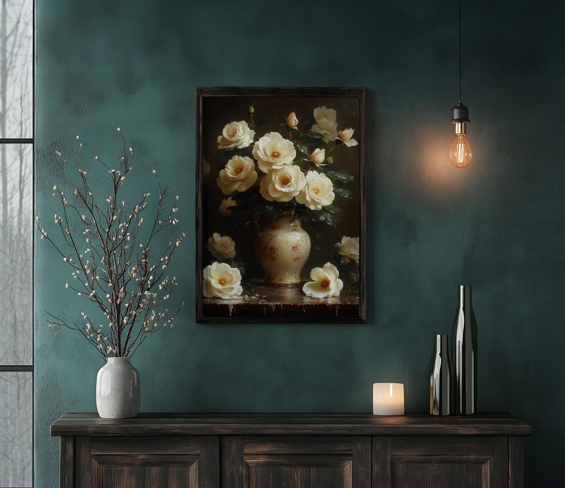 Elegant Creamy White Roses in a Patterned Porcelain Vase Poster - Image 6