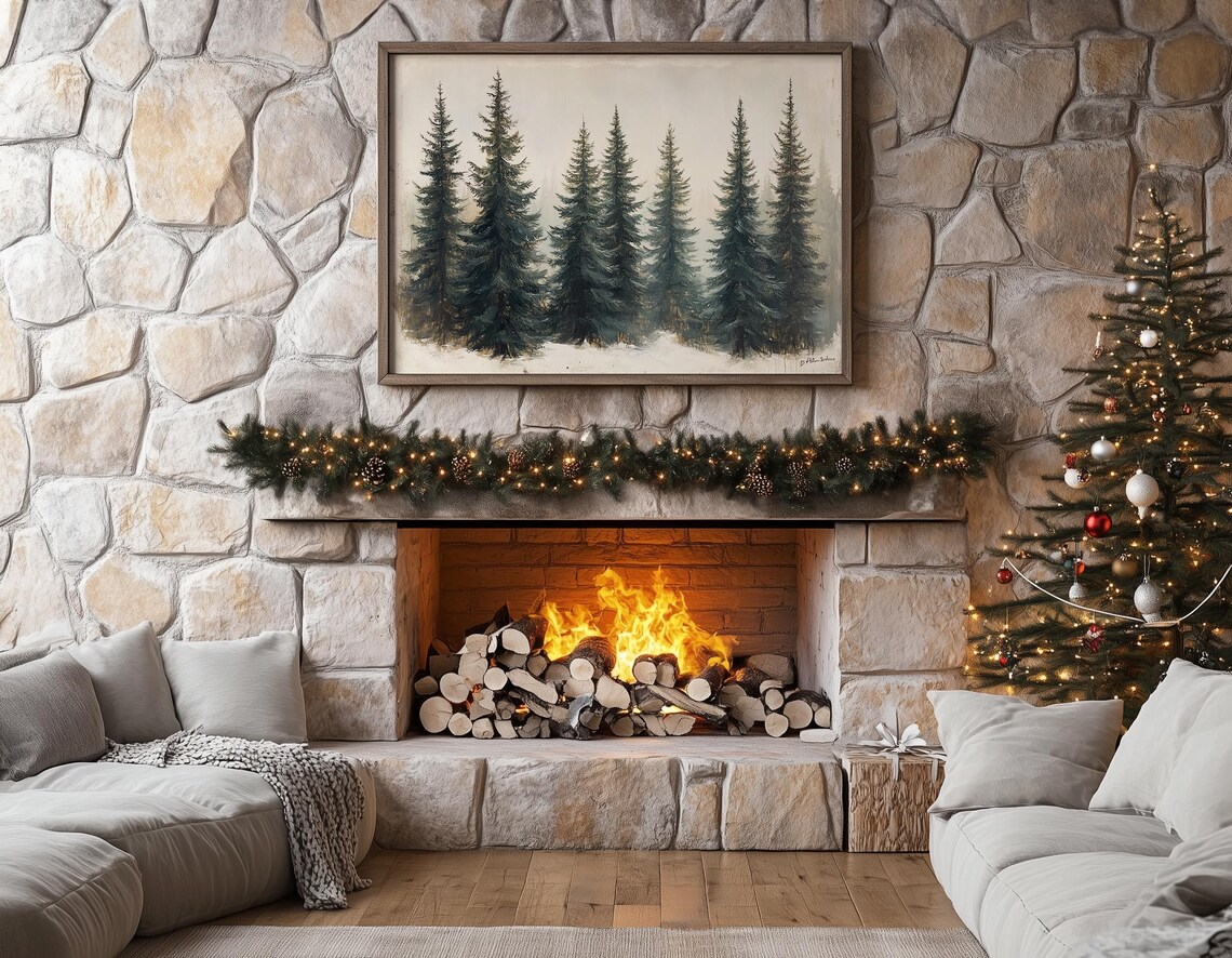 Seven Snowy Pine Trees In Winter Mist Minimalist Vintage Forest Poster - Image 3