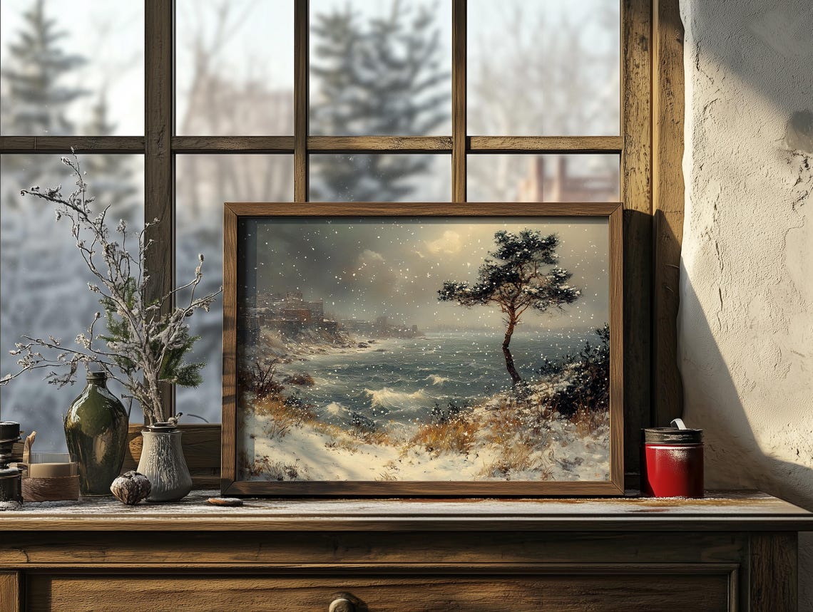 Snowy Seaside Pine Tree Winter Seascape Vintage Style Poster