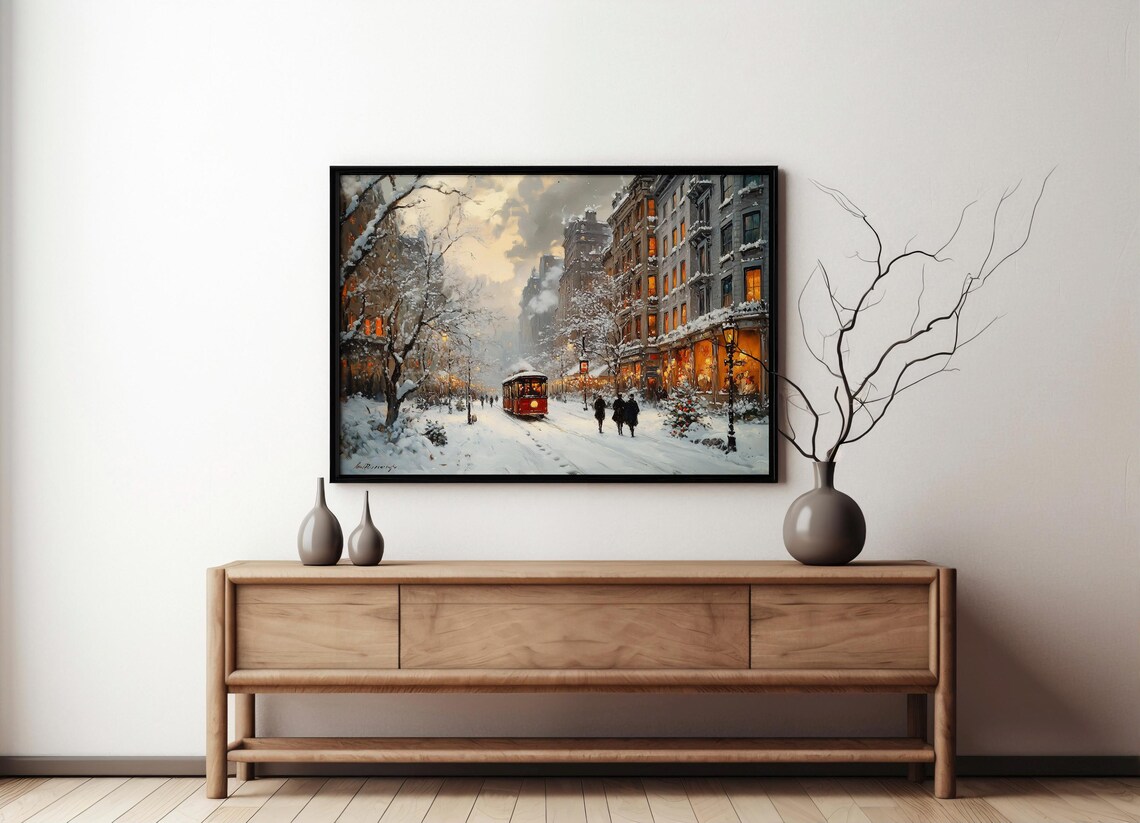 Snowy City Street with a Red Tram at Dusk Winter Painting Poster - Image 4