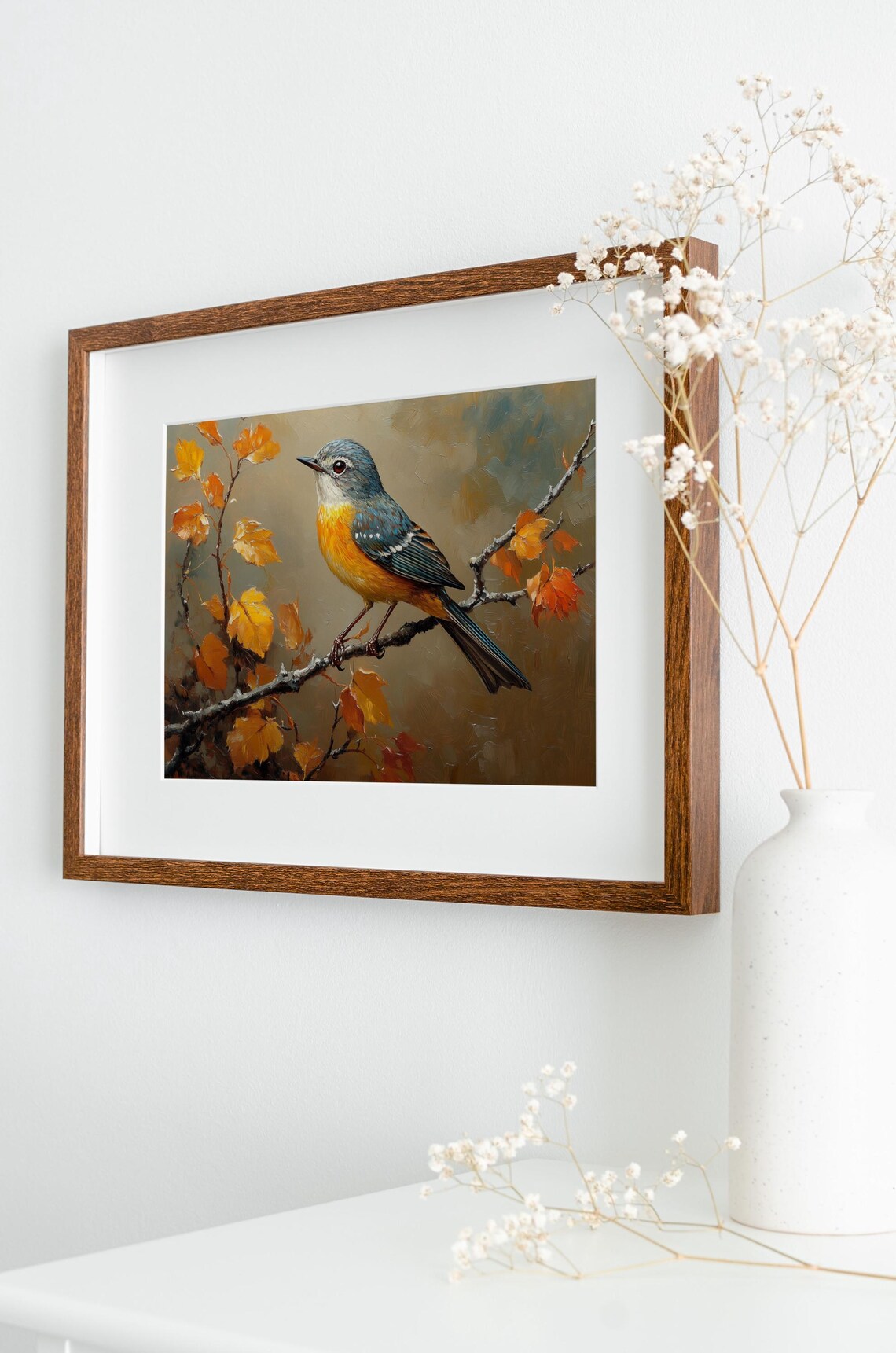 Vivid Blue and Orange Songbird on Golden Autumn Branch Poster - Image 3