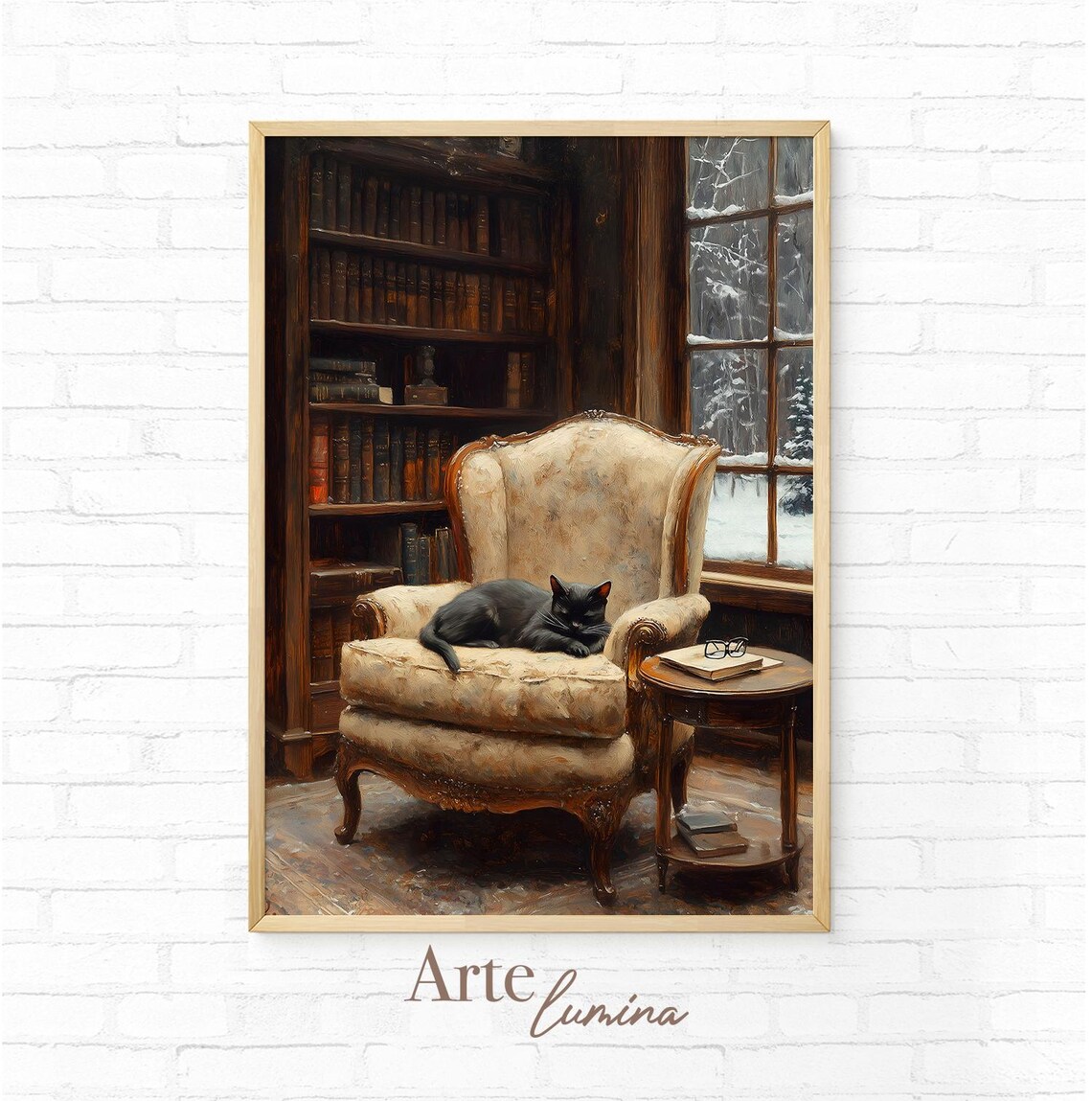 Black Cat Napping On Library Armchair By Snowy Window Vintage Art Poster - Image 7
