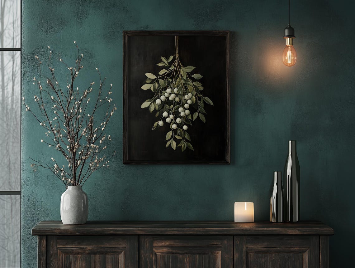 Hanging White Snowberries Branch on a Dark Ground Art Poster - Image 4