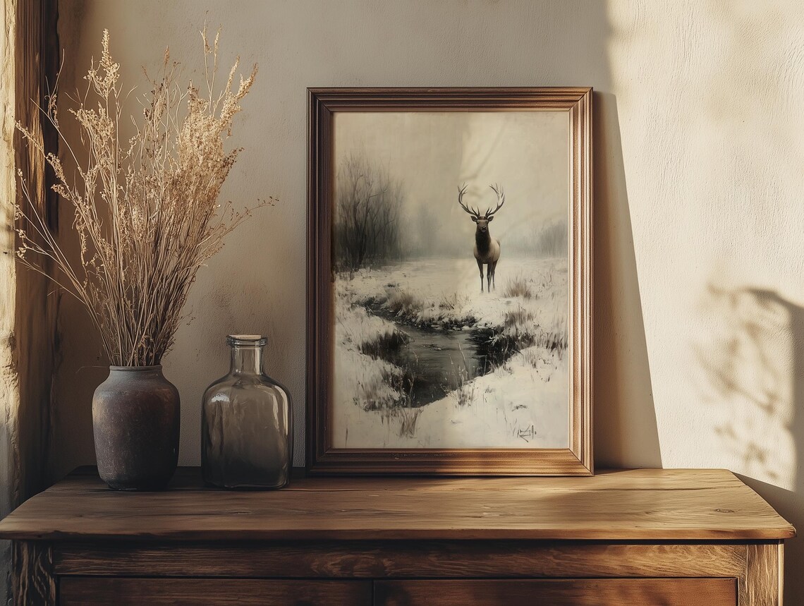 Noble Stag Beside a Misty Snowy Winter Stream Wildlife Poster - Image 4