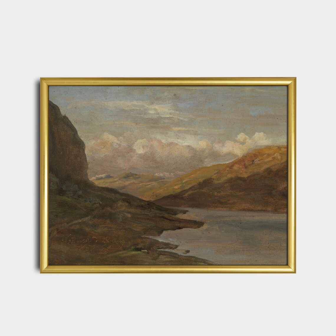 Antique Highland Lake And Hills Riverscape Painting Wall Poster - Image 2