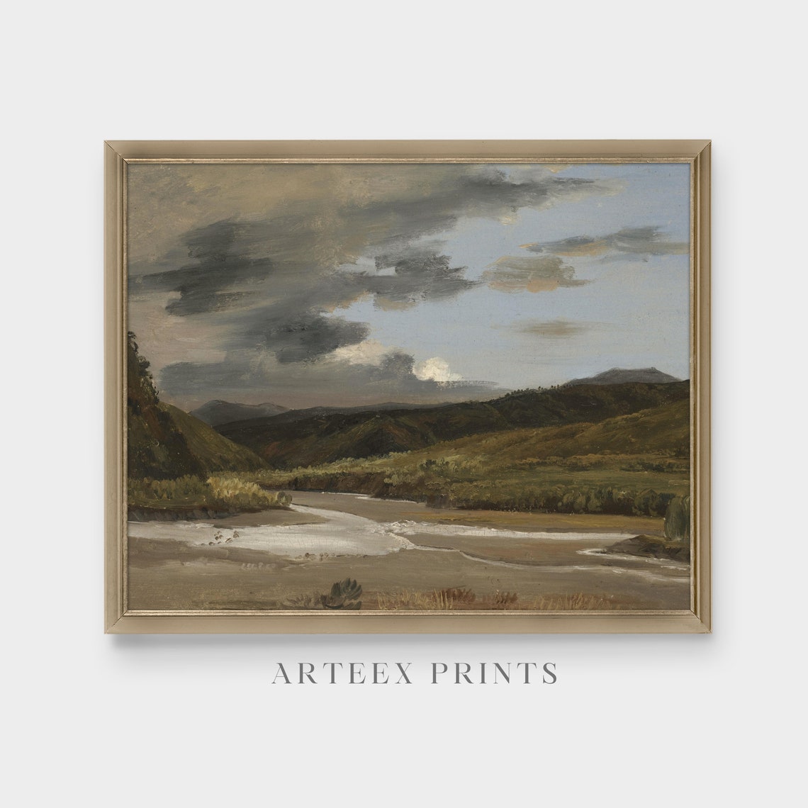 Wide River Estuary Through Green Hills Under Storm Clouds Poster - Image 4