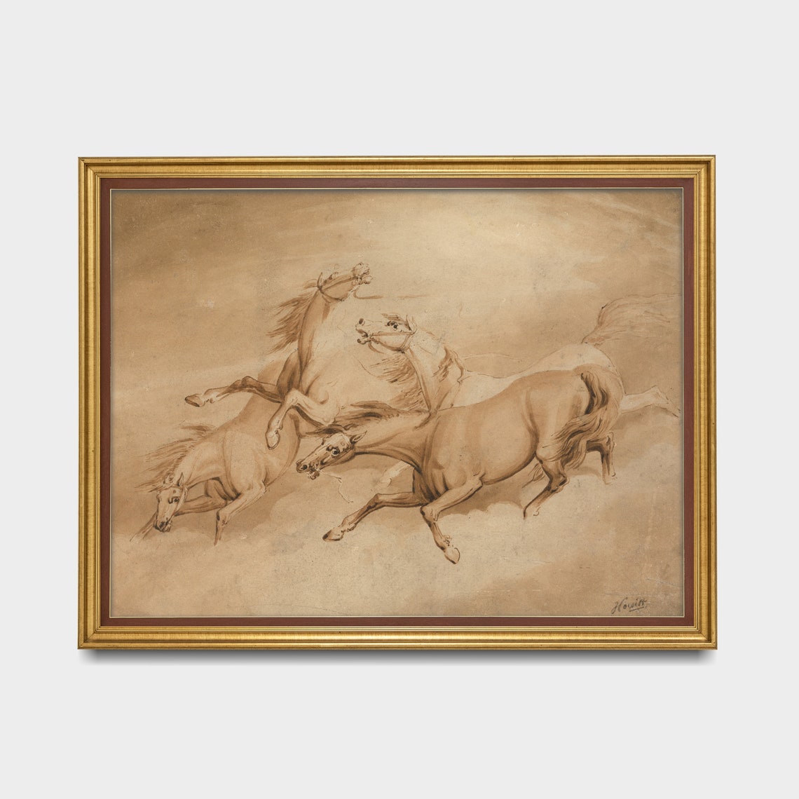 Four Galloping Horses in Sepia Ink Sketch Equestrian Art Poster - Image 3