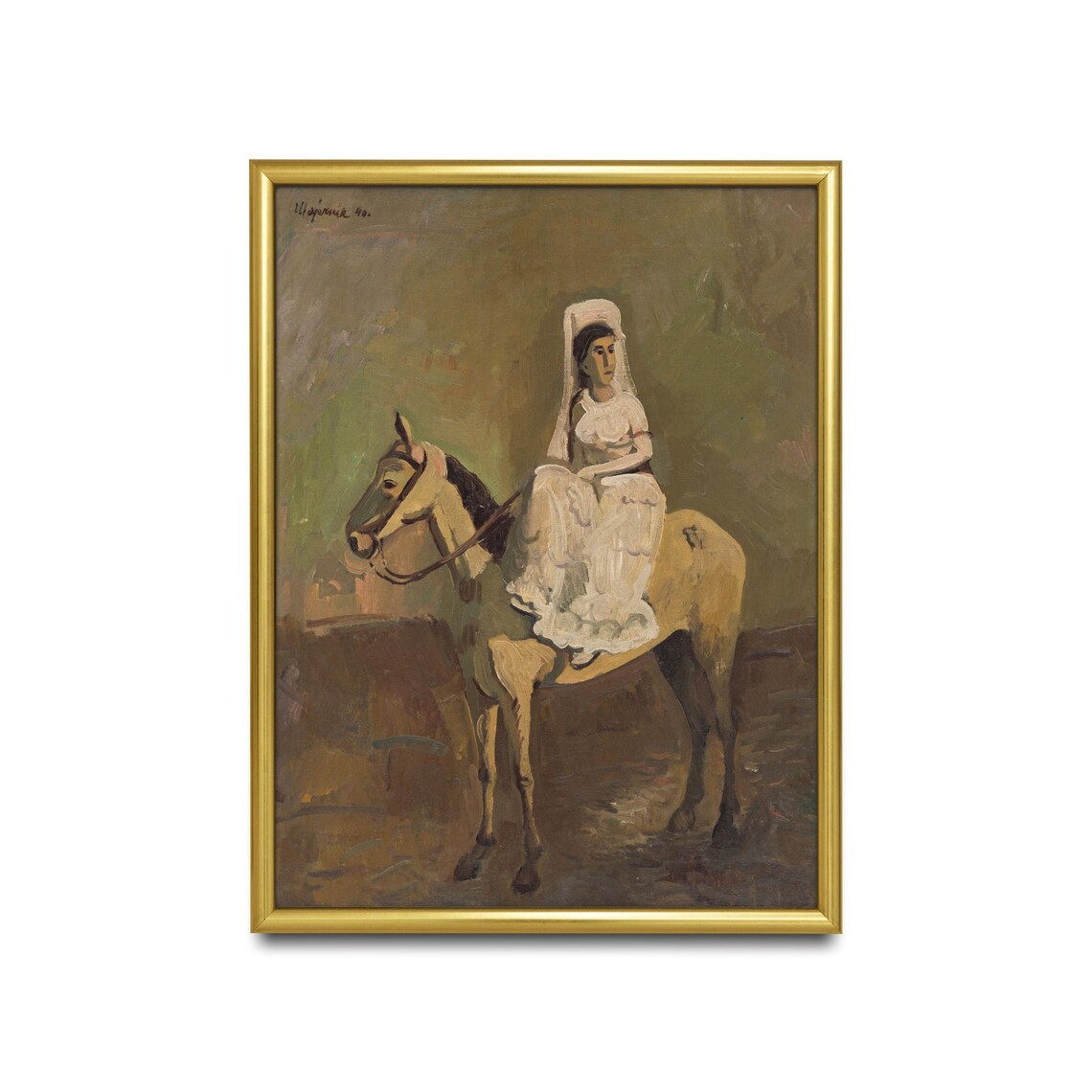Elegant Lady in White Riding a Palomino Horse Portrait Poster - Image 2