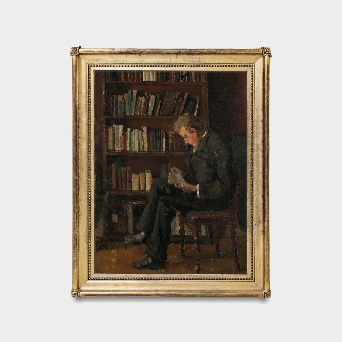 Gentleman Reading a Book Beside a Tall Bookshelf Vintage Poster - Image 5