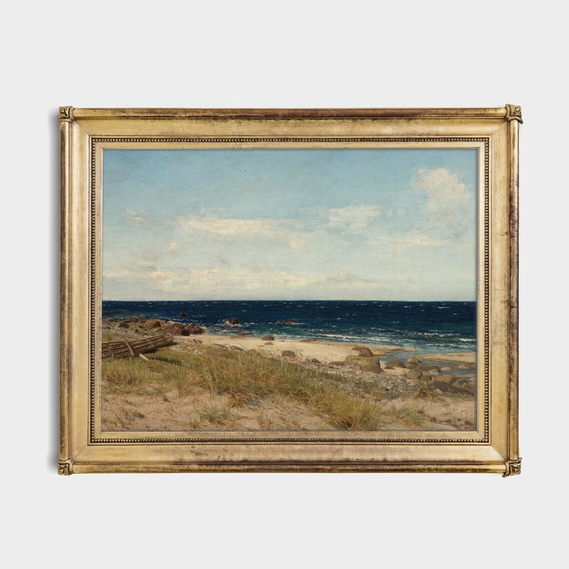 Rocky Beach with Wrecked Boat and Blue Sea Antique Coastal Poster - Image 2