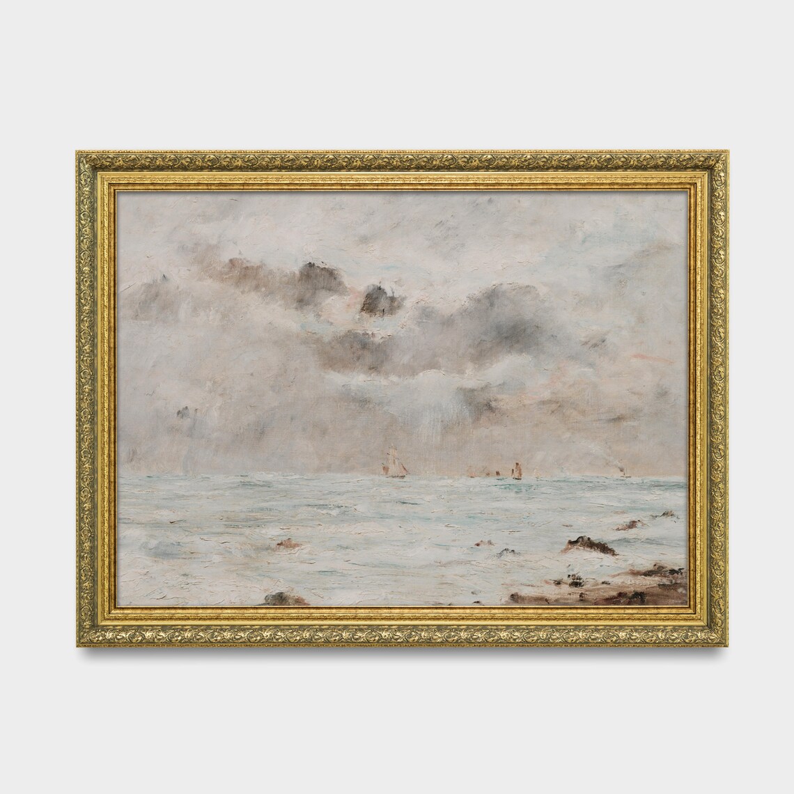 Muted Vintage Seascape Painting With Sailboats Coastal Art Poster - Image 2
