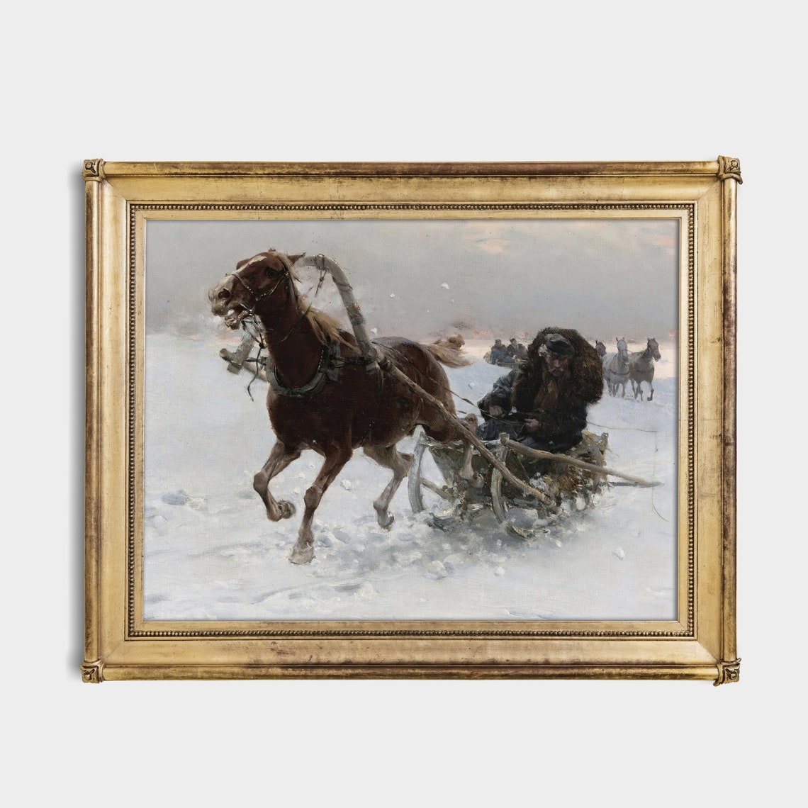 Horse-Drawn Sleigh Racing Across a Snowy Plain Winter Poster - Image 2