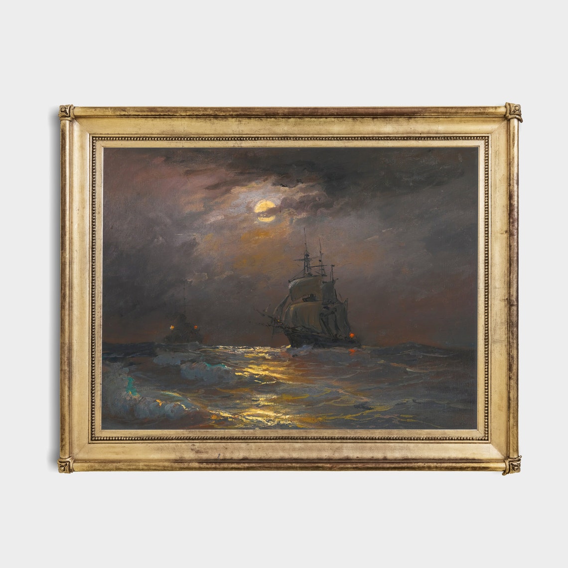 Sailing Ship Under Moonlight On Stormy Sea Vintage Nautical Poster - Image 2