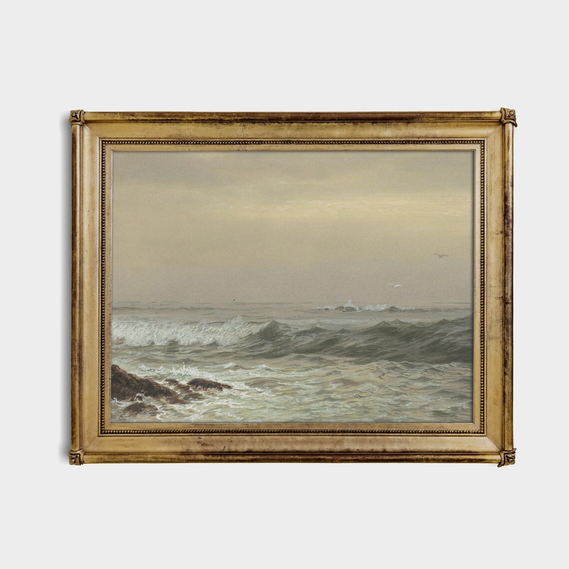 Ocean Waves on Rocks Overcast Vintage Seascape Oil Painting Poster - Image 4