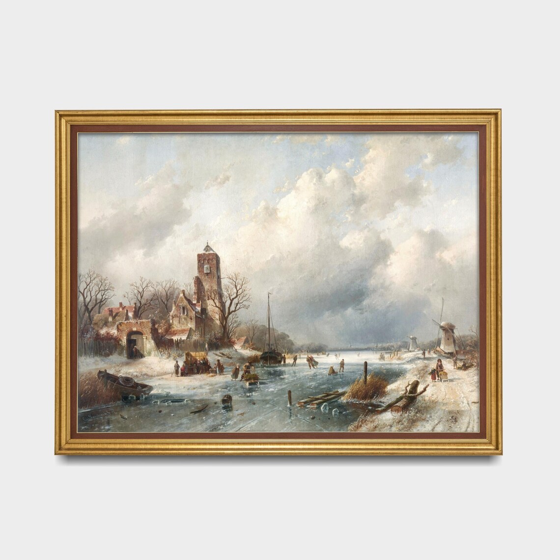 Dutch Church Windmills Frozen Canal Vintage Winter Art Poster - Image 5