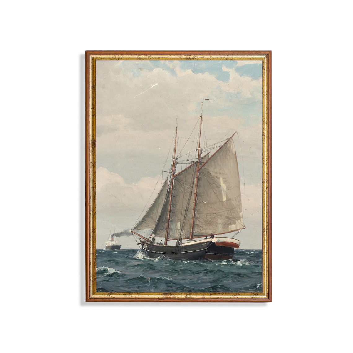 Two Masted Sailing Schooner on Open Sea Vintage Nautical Poster