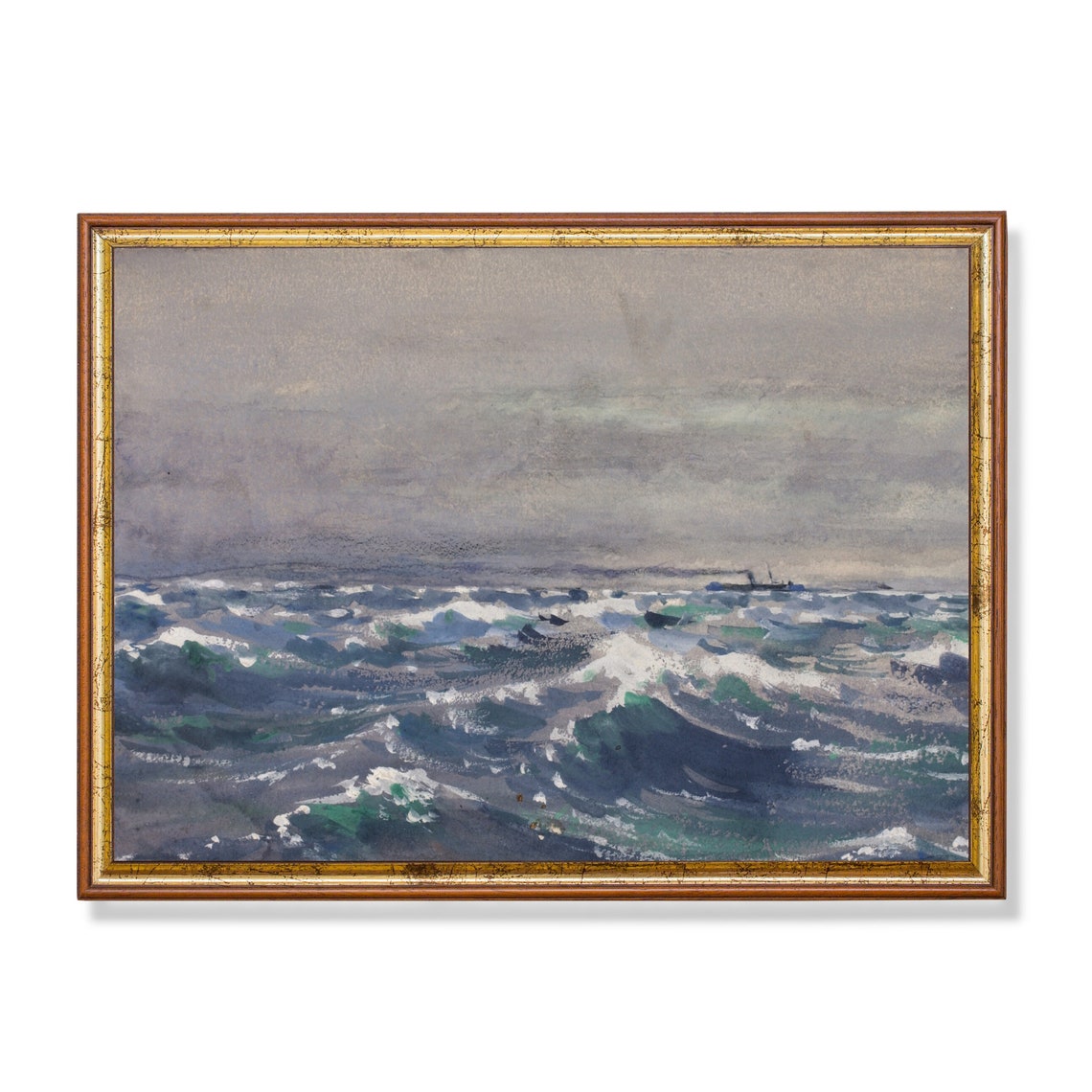 Stormy Ocean Waves with a Distant Ship Seascape Painting Poster