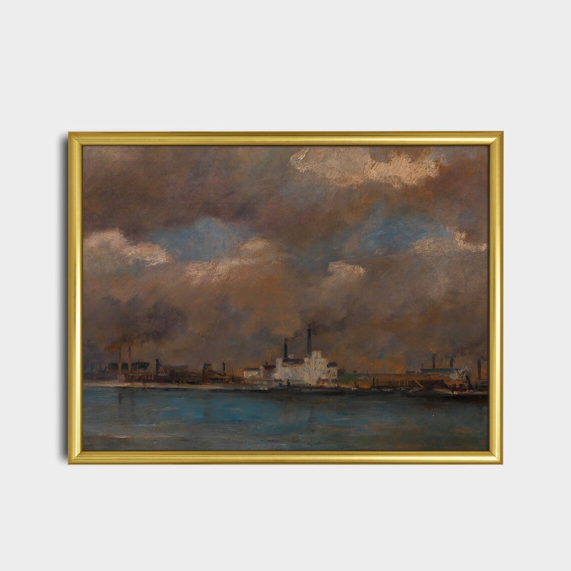 Antique Industrial Harbor Under Heavy Storm Clouds Painting Poster - Image 2