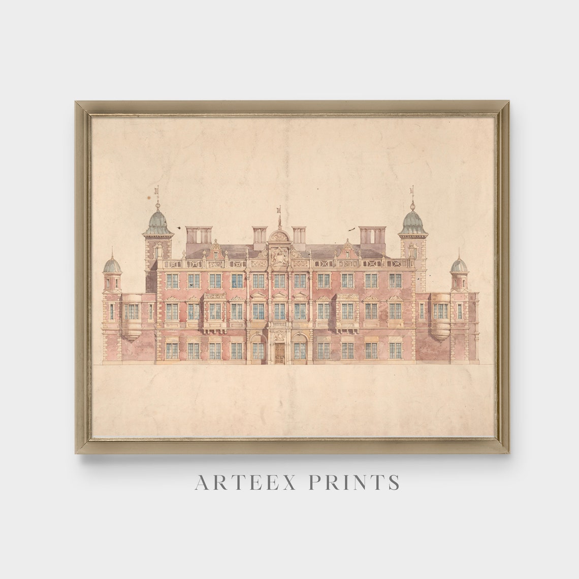 Watercolor Elevation of a Grand Red Brick Palace Facade Print - Image 3