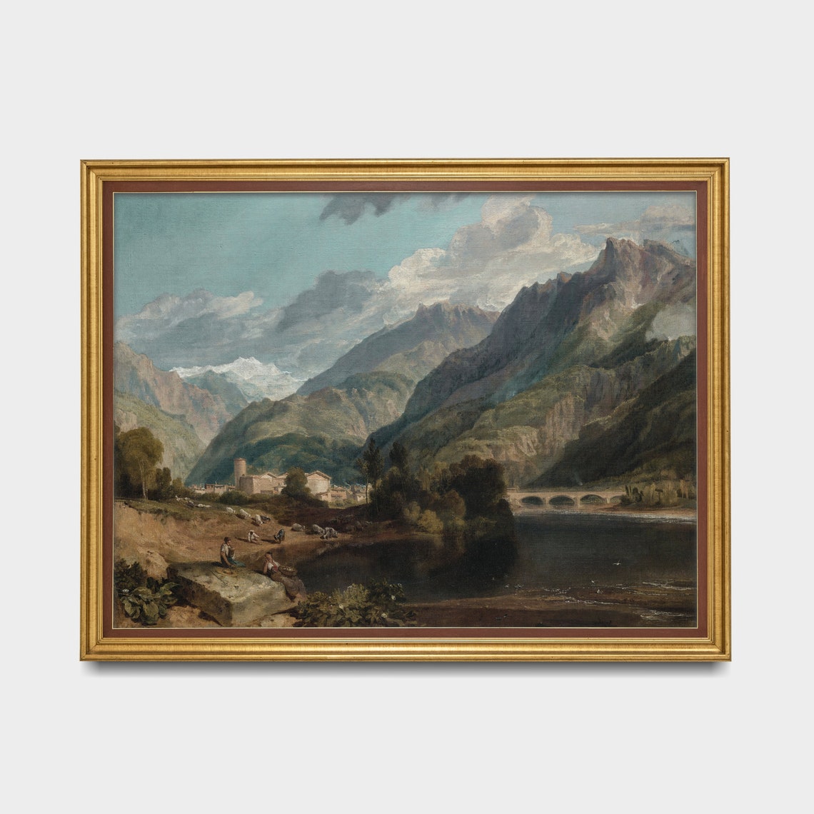 Alpine Village with Stone Bridge and River in Mountain Valley Poster - Image 5