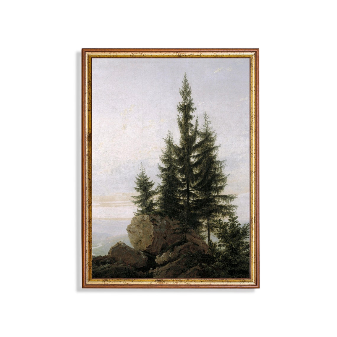 Tall Fir Trees on a Rocky Mountain Overlook Vintage Painting Poster
