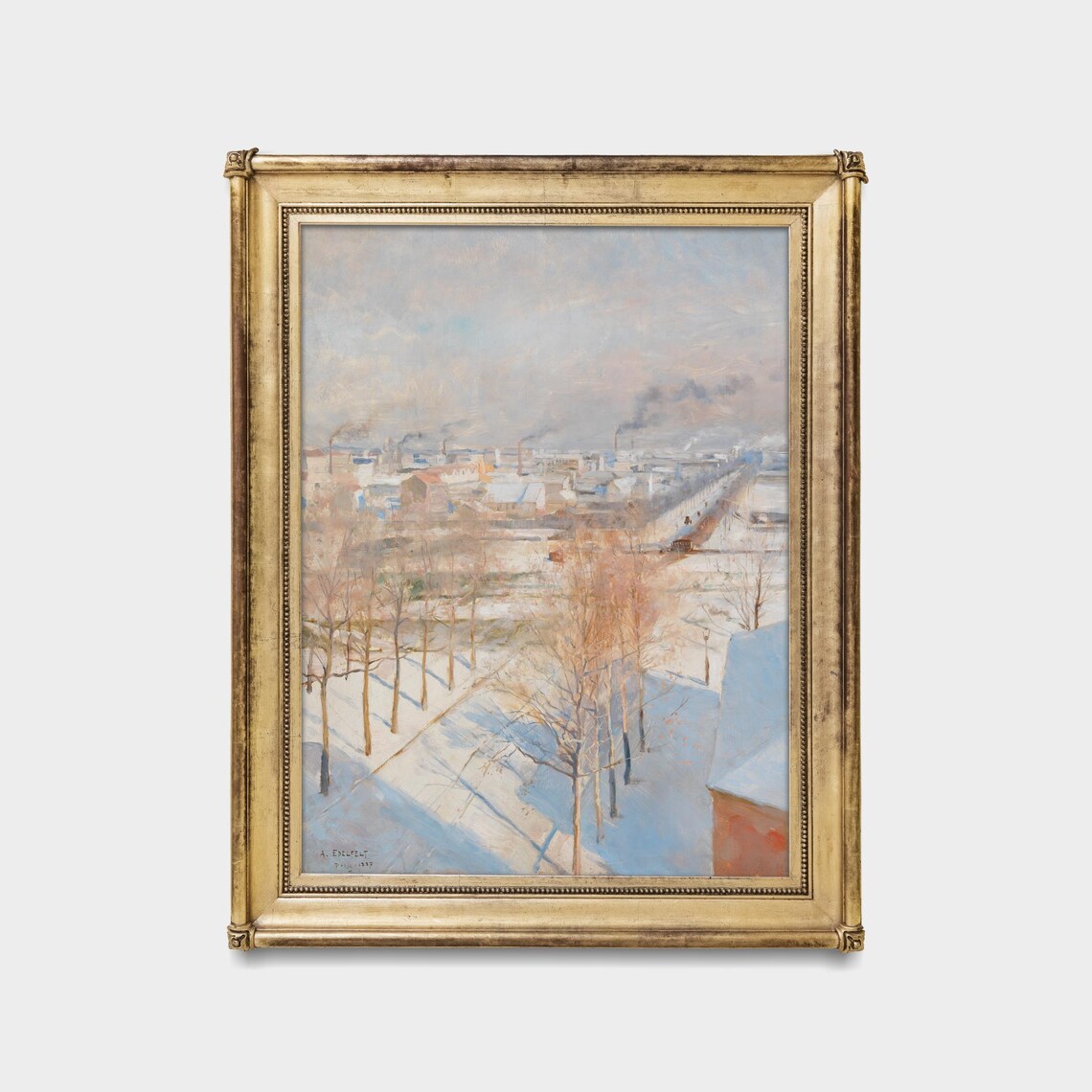 Snowy City Rooftops Chimneys Winter Cityscape Painting Poster - Image 5