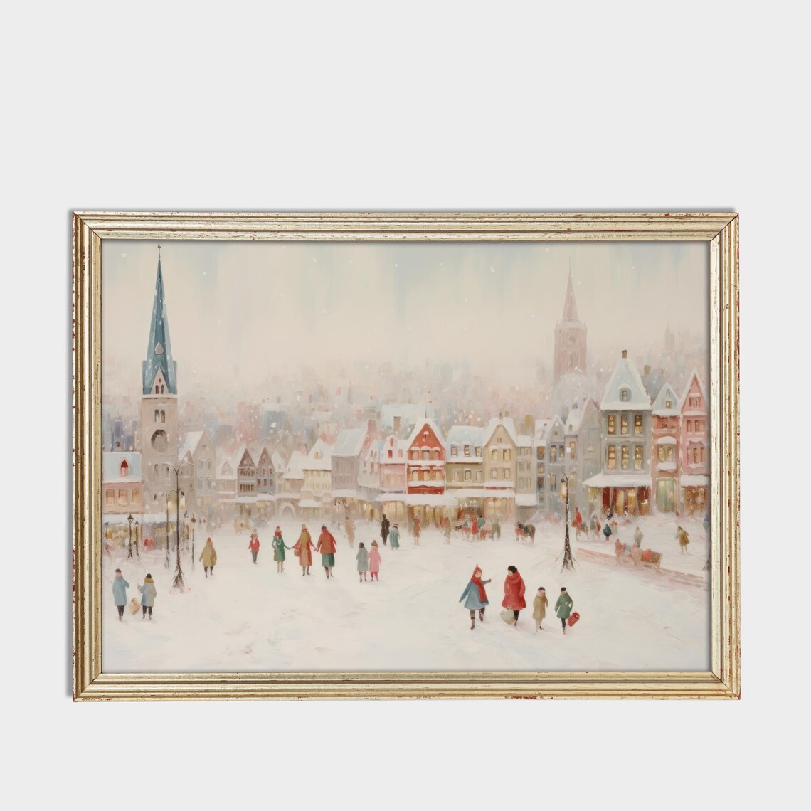 Snowy Old European Town Square with Church Winter Holiday Poster - Image 3