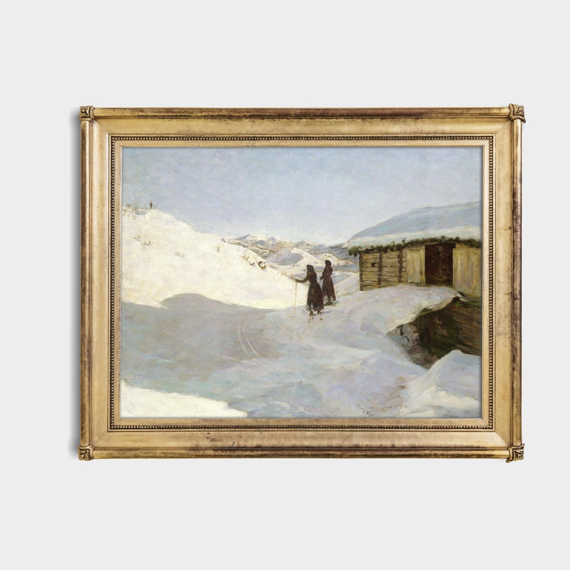 Two Small Figures in Snow by a Wooden Hut Minimal Winter Poster - Image 4