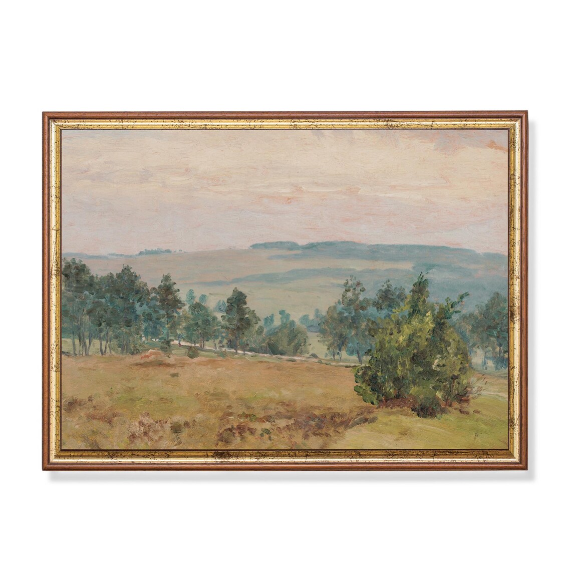 Rolling Countryside Hills in Morning Haze Vintage Pastoral View Poster