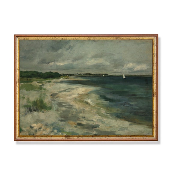 Print And Ship Vintage Painting Coastal Seascape Art Antique Rustic Beach Painting Moody Print Mailed Art Fine Art
