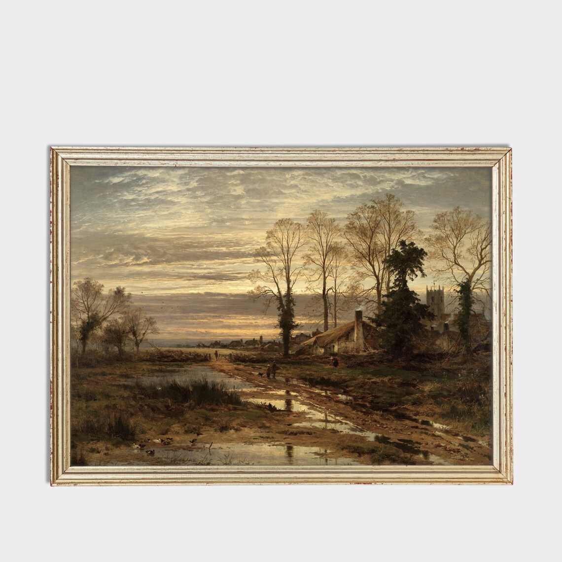 Village at Dusk with Pond and Church Tower Vintage Art Poster - Image 3