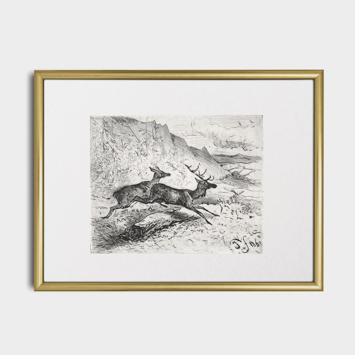 Antique Deer Sketch of Two Stags Leaping Over a Fallen Log Poster - Image 4