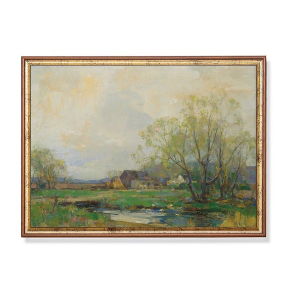 Printed And Shipped Vintage Landscape Painting Antique River Landscape Country Scenery Meadow Rustic Fine Art Physical Prints
