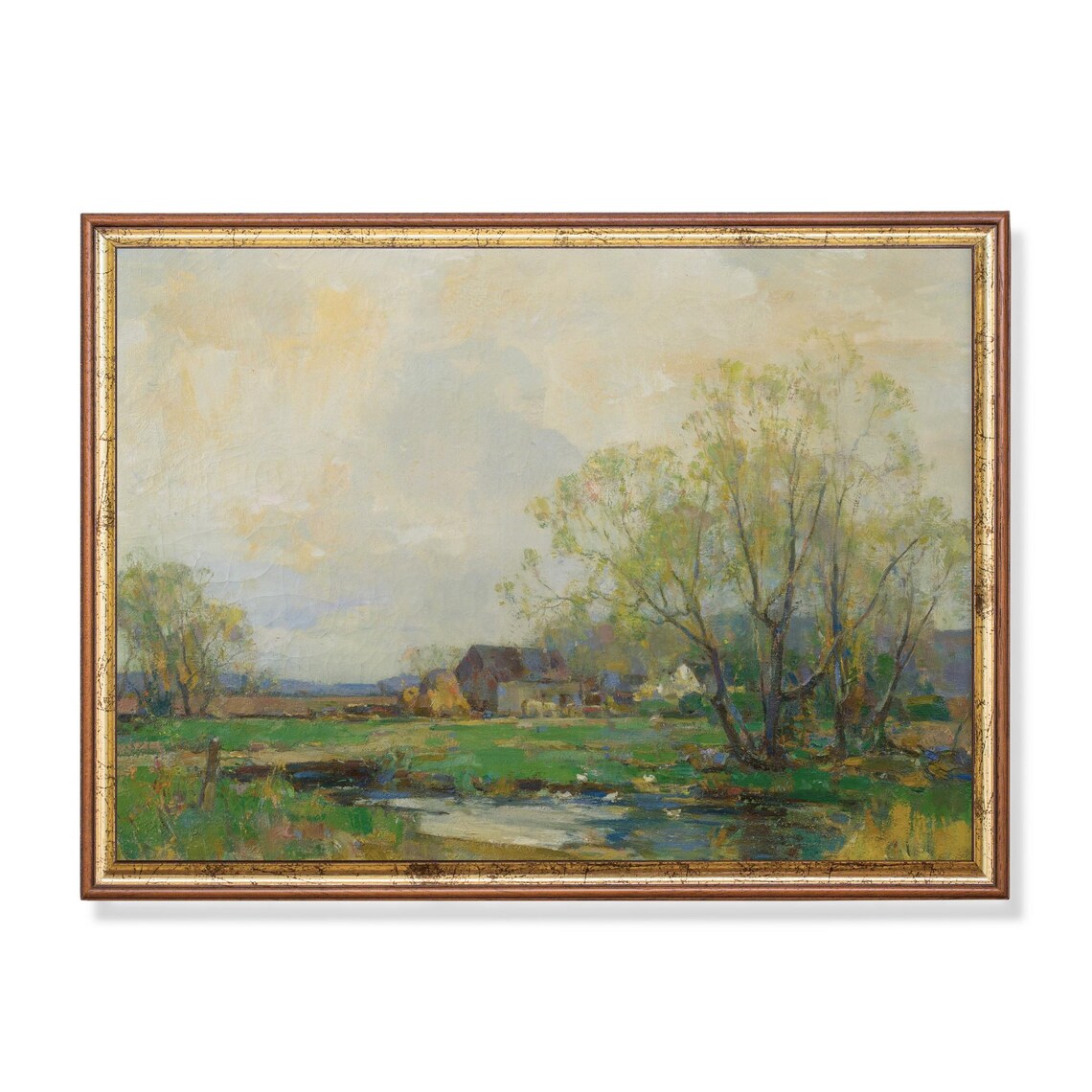 Quiet River Meadow with Farmhouse Vintage Countryside Poster
