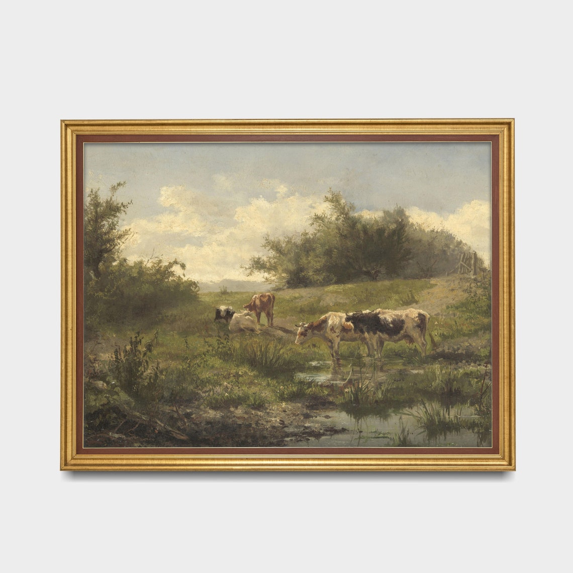 Cows Drinking from a Pond in a Sunny Meadow Vintage Oil Poster - Image 3