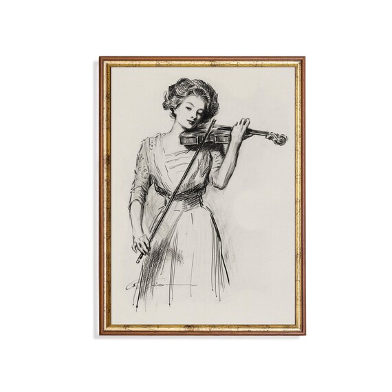 Woman Playing the Violin Elegant Black and White Sketch Poster