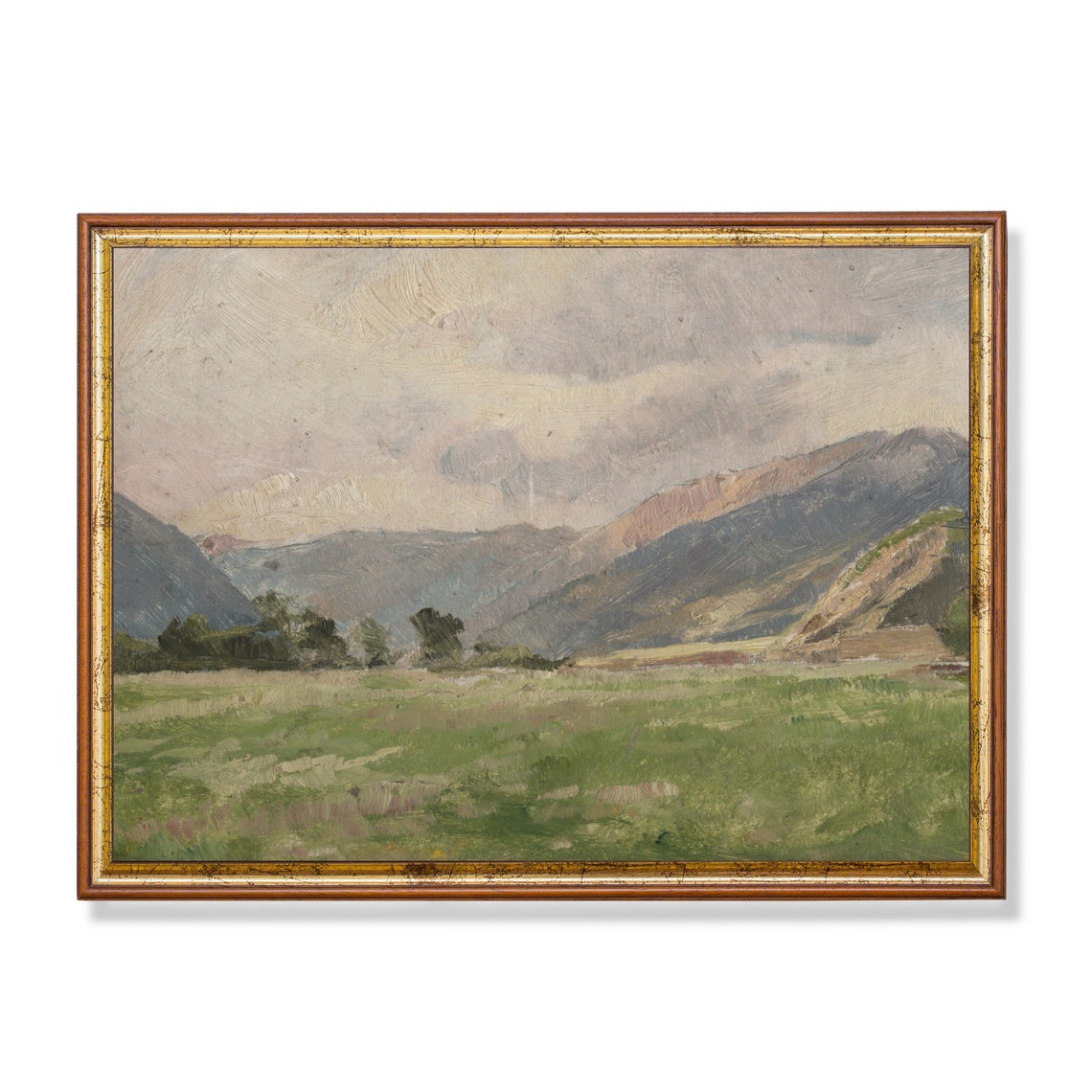 Green Meadow Valley with Distant Mountains Antique Oil Poster